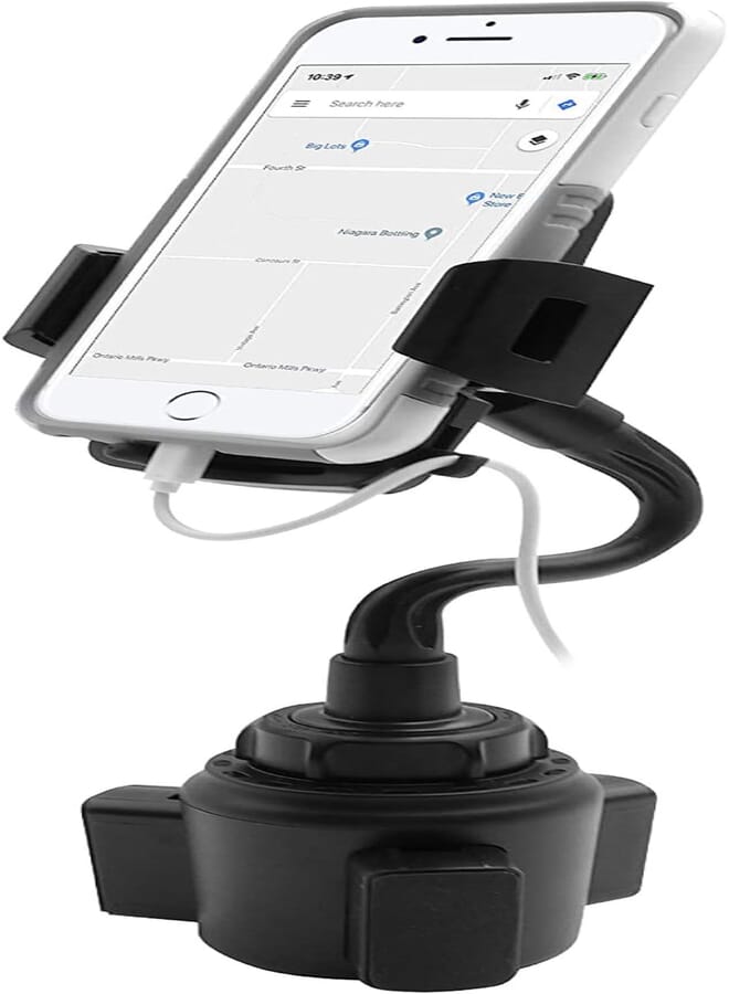 Macally Car Cup Holder Phone Mount - Adjustable 5" Gooseneck with Cable Hanger - for Phones 2" - 3.74" Wide (iPhone, Galaxy, Pixel, Etc) and Most Vehicles - Sturdy Cup Phone Holder for Car SUV Truck